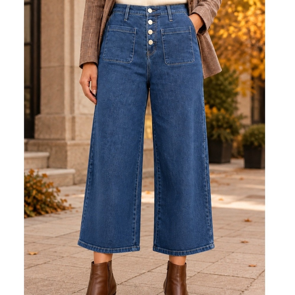 SHEIN Blue High Rise Wide Leg Button Fly Patch Pocket Denim Jeans Womens Size 12